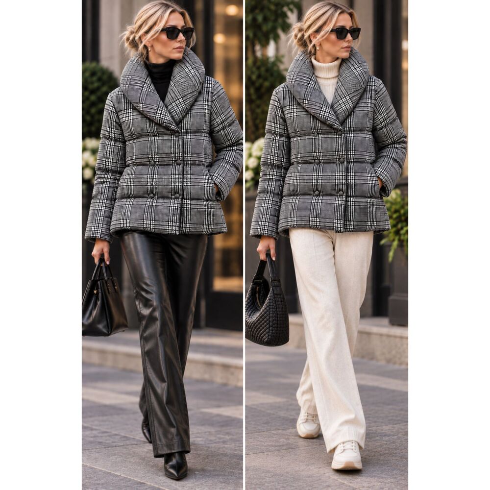 NWOT Jason Wu Gray Houndstooth Double-Breasted Puffer Jacket Size Large